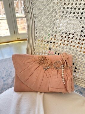 Blush Pink Floral Appliqué Clutch with Pearl Accent Genuine Leather